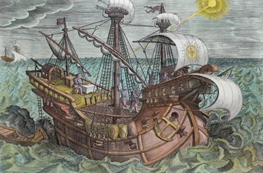 Cálculo de la longitud mediante la declinación del Sol, lámina 17 de «Nova Reperta» (Nuevos descubrimientos), grabada por Philip Galle (1537-1612), hacia 1600 (coloración posterior)